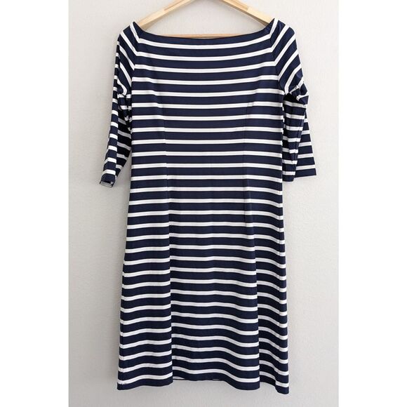 J. McLaughlin Patrice Dress Off Shoulder Striped 3/4 Sleeve Medium Blue White - Picture 2 of 6